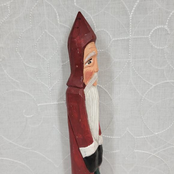 Vintage Folk Art Pencil Santa 13" Red Green Christmas Tree Carved Wood 1975 - Picture 10 of 16